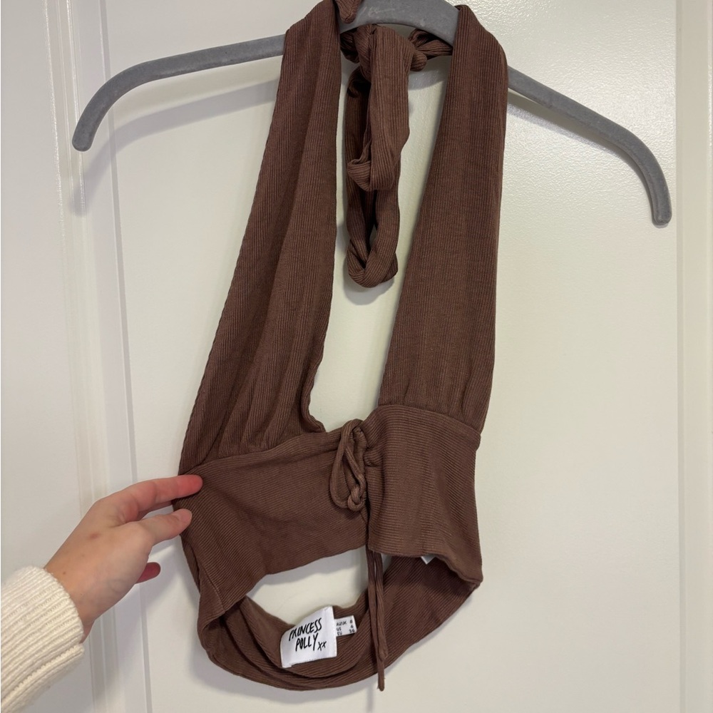 Princess Polly Chocolate Brown Ribbed Plunge Halter Top (XS)